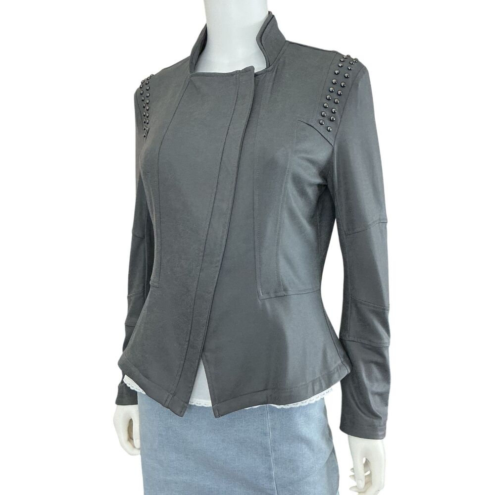 Clara Sun Woo Liquid Leather Moto Jacket Size S Grey Asymmetric Zipper Studded
